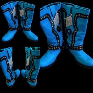 Customed “Robin’s Egg Blue” Studded & Rhinestones Moto Boots